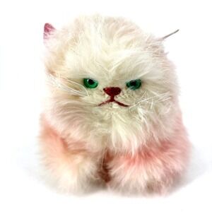 Vintage Jerry Elsner Rabbit Fur Cat Kitten Plush Animal White & Pink Green Eyes